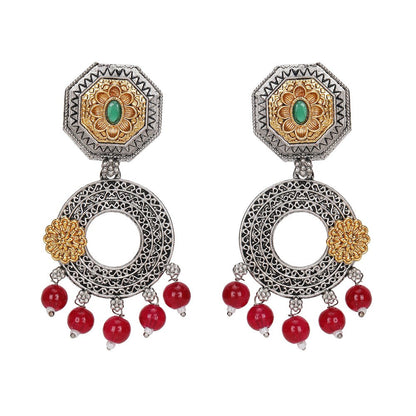 Gold-Plated Oxidized Chandelier Earrings with Red Beads - Auraa Trends - Chandelier Earrings -Chandelier Earrings chandelier