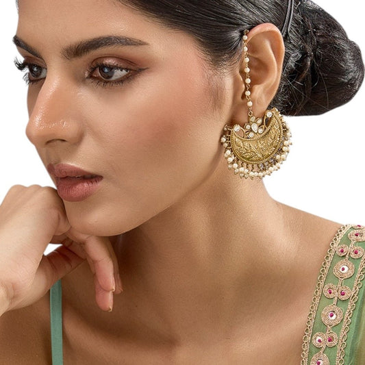Gold - Plated Pearl Embellished Traditional Ear Chain Chandbali Earrings for Women - Auraa Trends - Earrings -  - Auraa Trends - Traditional gold - plated chandbali earrings with kundan stones, pearl drops, and elegant ear chains for women