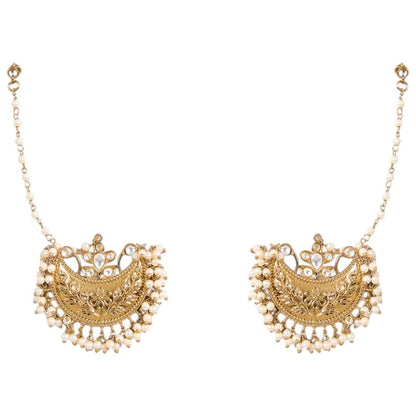 Gold - Plated Pearl Embellished Traditional Ear Chain Chandbali Earrings for Women - Auraa Trends - Earrings -  - Auraa Trends - Traditional gold - plated chandbali earrings with kundan stones, pearl drops, and elegant ear chains for women