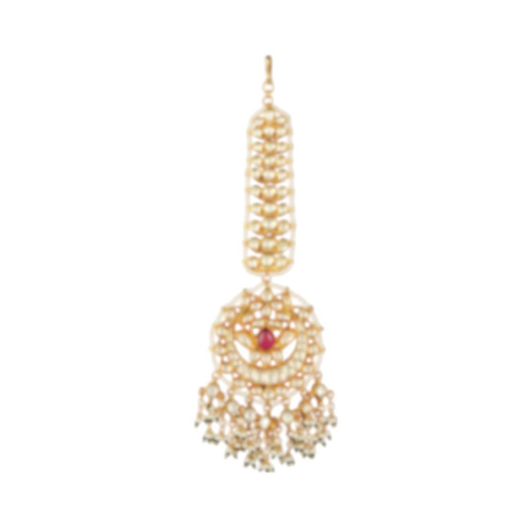 Gold Plated Pearl & Kundan Polki Maangtikka - Auraa Trends - Maangtika - # - Auraa Trends - Gold Plated Pearl & Kundan Polki Maangtikka