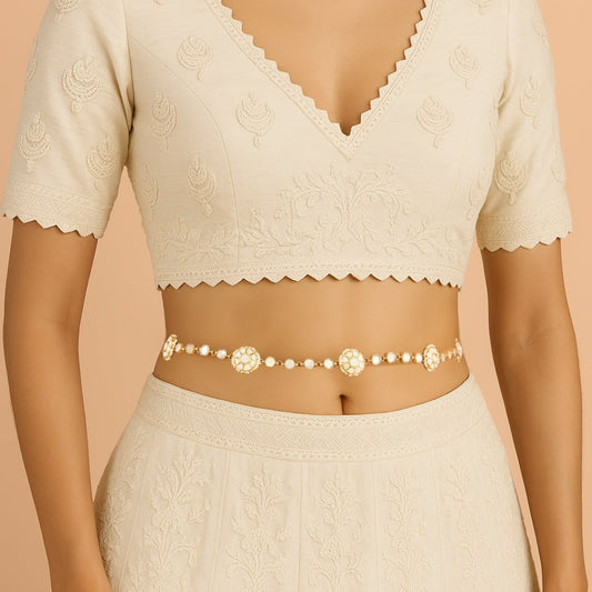 Gold Plated Pearl Waist Belt with Floral Accents - Auraa Trends - Waist Belt Gold Plated Pearl Waist Belt with Floral Accents
