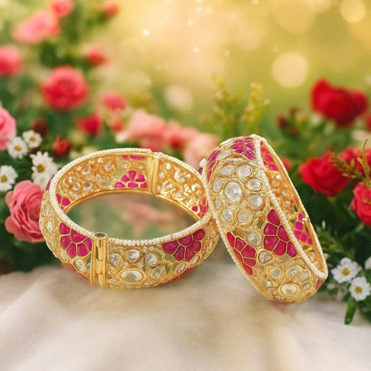 Gold - Plated Pink Meenakari Kundan Bangles for Women - Auraa Trends - Bangles -  - Auraa Trends - Traditional gold - plated bangles with white kundan stones and pink meenakari floral enamel work – perfect for ethnic and festive wear.