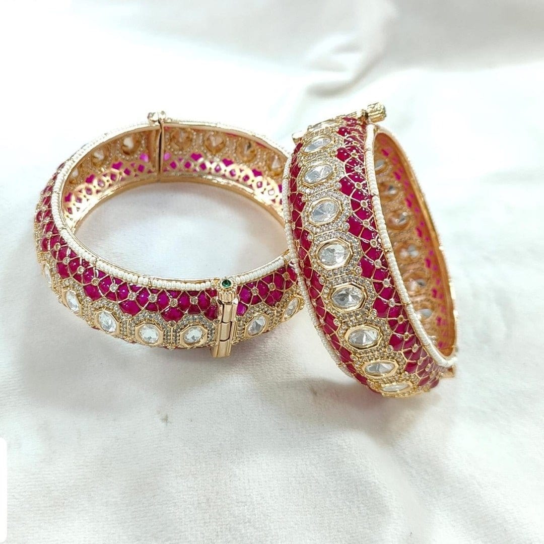 Gold - Plated Pink Meenakari Kundan Studded Openable Bangles for Women - Auraa Trends - Bangles -  - Auraa Trends - Gold - Plated Pink Meenakari Kundan Studded Openable Bangles for Women