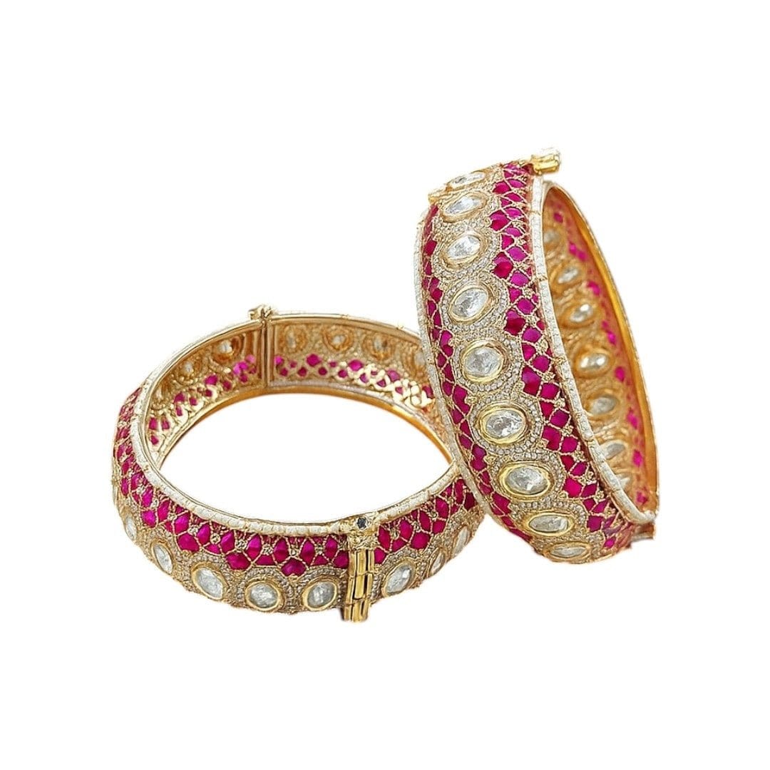 Gold - Plated Pink Meenakari Kundan Studded Openable Bangles for Women - Auraa Trends - Bangles -  - Auraa Trends - Gold - Plated Pink Meenakari Kundan Studded Openable Bangles for Women