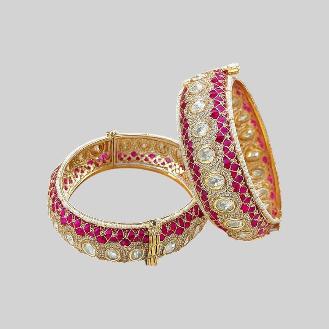 Gold - Plated Pink Meenakari Kundan Studded Openable Bangles for Women - Auraa Trends - Bangles -  - Auraa Trends - Gold - Plated Pink Meenakari Kundan Studded Openable Bangles for Women