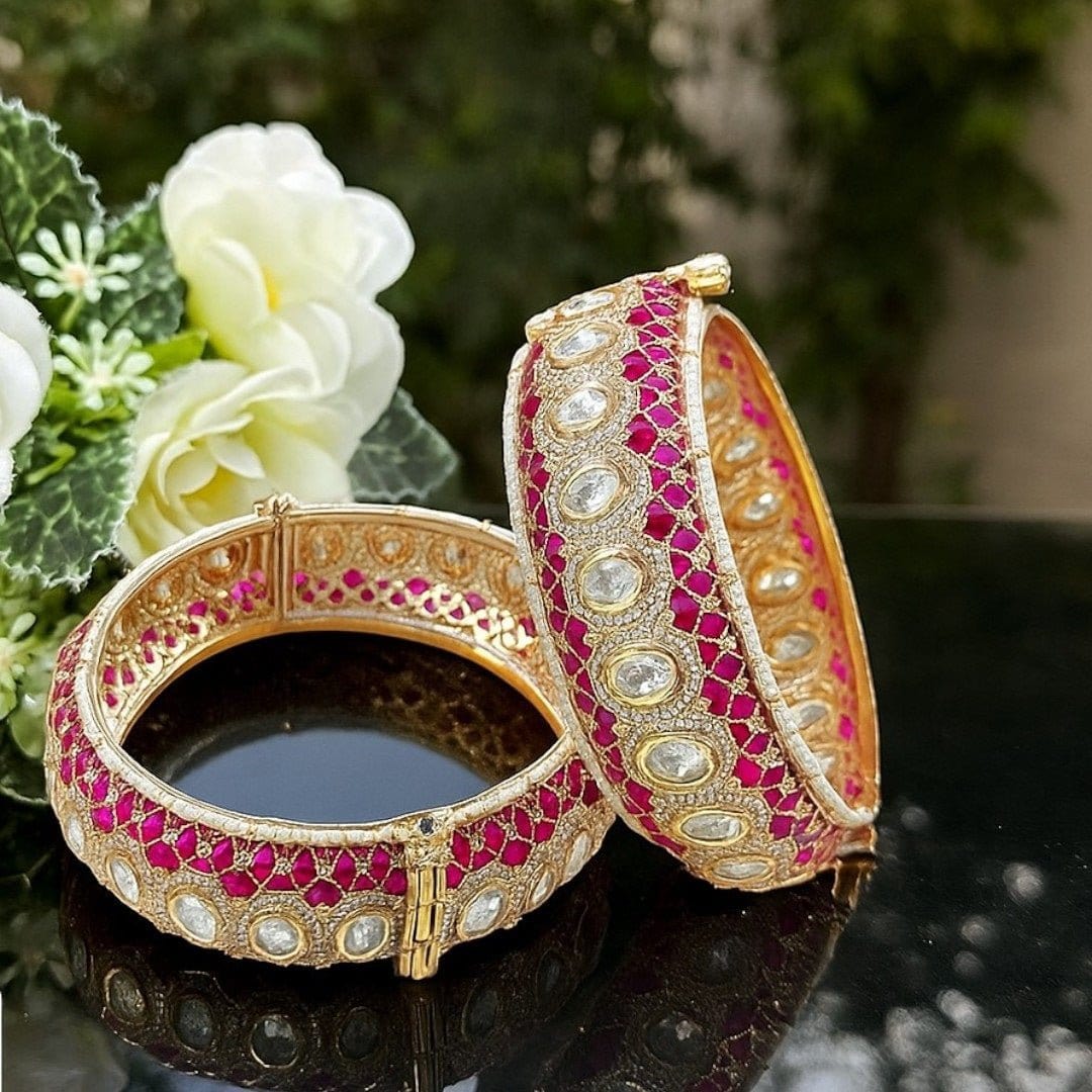 Gold - Plated Pink Meenakari Kundan Studded Openable Bangles for Women - Auraa Trends - Bangles -  - Auraa Trends - Gold - Plated Pink Meenakari Kundan Studded Openable Bangles for Women