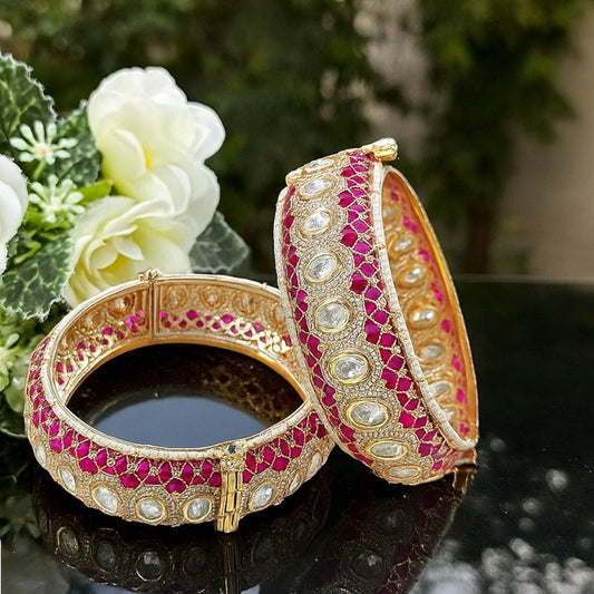 Gold - Plated Pink Meenakari Kundan Studded Openable Bangles for Women - Auraa Trends - Bangles -  - Auraa Trends - Gold - Plated Pink Meenakari Kundan Studded Openable Bangles for Women