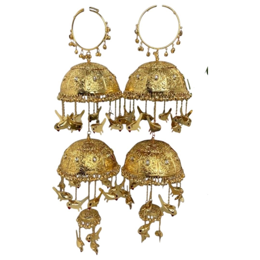 Gold - Plated Punjabi Bridal Kaleere with Engraved Dome & Bird Danglers - Auraa Trends - Kaleere -  - Auraa Trends - Gold - plated Punjabi bridal kaleere with engraved domes, sparkling stone accents, and hanging bird - shaped danglers in a multi - tiered design – traditional Indian wedding jewellery.