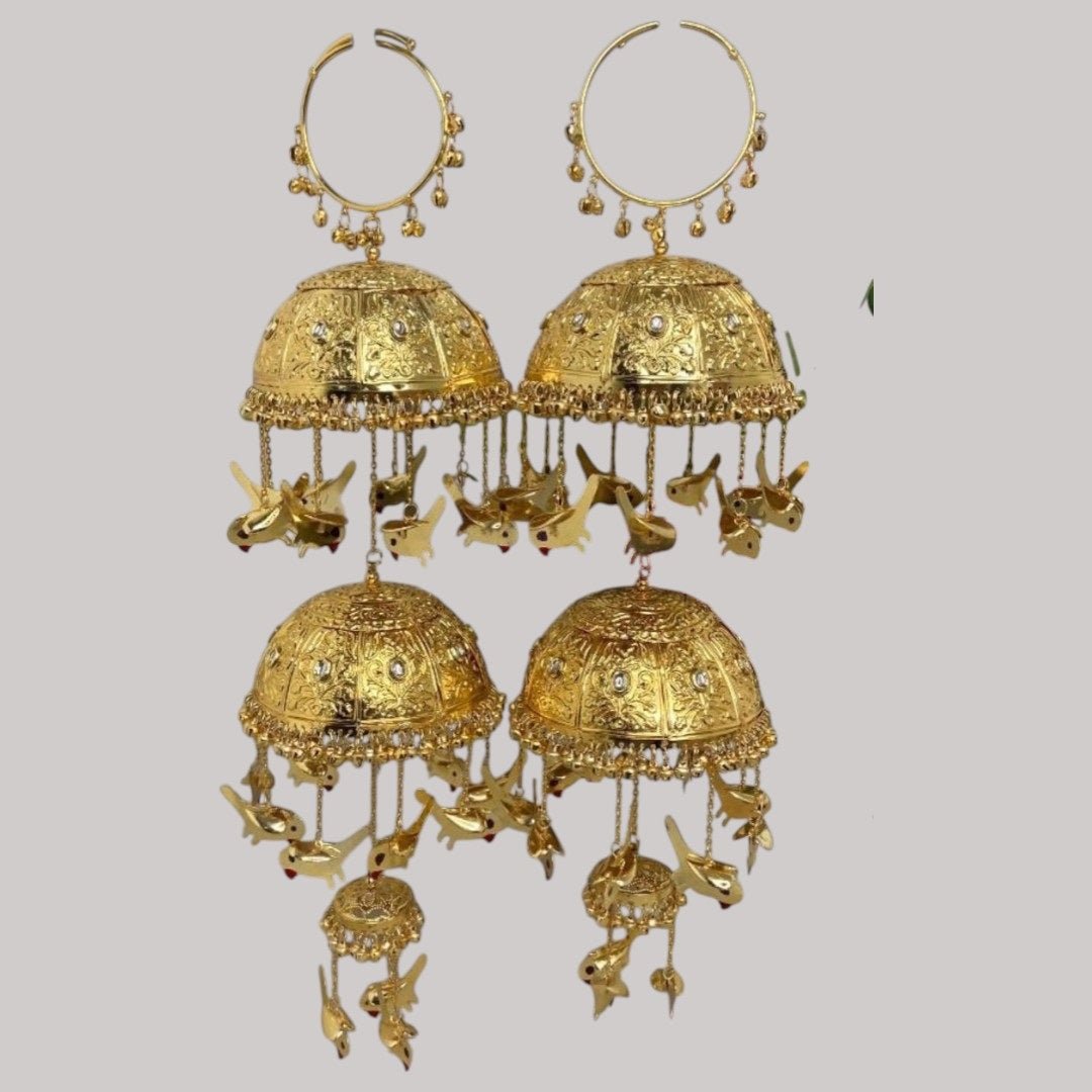 Gold - Plated Punjabi Bridal Kaleere with Engraved Dome & Bird Danglers - Auraa Trends - Kaleere -  - Auraa Trends - Gold - plated Punjabi bridal kaleere with engraved domes, sparkling stone accents, and hanging bird - shaped danglers in a multi - tiered design – traditional Indian wedding jewellery.