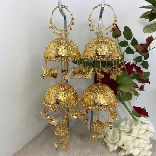 Gold - Plated Punjabi Bridal Kaleere with Engraved Dome & Bird Danglers - Auraa Trends - Kaleere -  - Auraa Trends - Gold - plated Punjabi bridal kaleere with engraved domes, sparkling stone accents, and hanging bird - shaped danglers in a multi - tiered design – traditional Indian wedding jewellery.