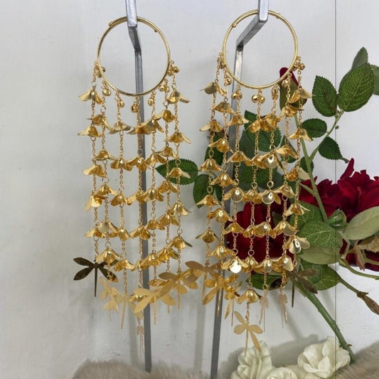 Gold - Plated Punjabi Bridal Kaleere with Floral Bells & Dragonfly Danglers - Auraa Trends - Kaleere -  - Auraa Trends - Gold - plated Punjabi bridal kaleere with cascading floral bell chains and dragonfly - shaped danglers – elegant nature - inspired traditional Indian wedding jewellery.