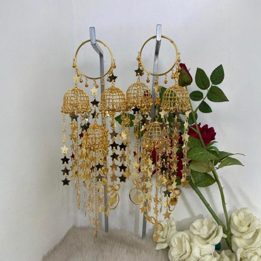 Gold - Plated Punjabi Bridal Kaleere with Multi - Dome & Star Danglers - Auraa Trends - Kaleere -  - Auraa Trends - Gold - plated Punjabi bridal kaleere with multiple cage - style domes and cascading star - shaped danglers in a celestial - themed design – traditional Indian wedding jewellery.