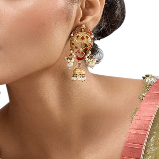 Gold - Plated Red Enamel Jhumka Earrings with Pearl Drops - Auraa Trends - Earrings -  - Auraa Trends - Gold - plated ethnic jhumka earrings with red enamel accents, crescent motif, and pearl drop embellishments for festive wear."