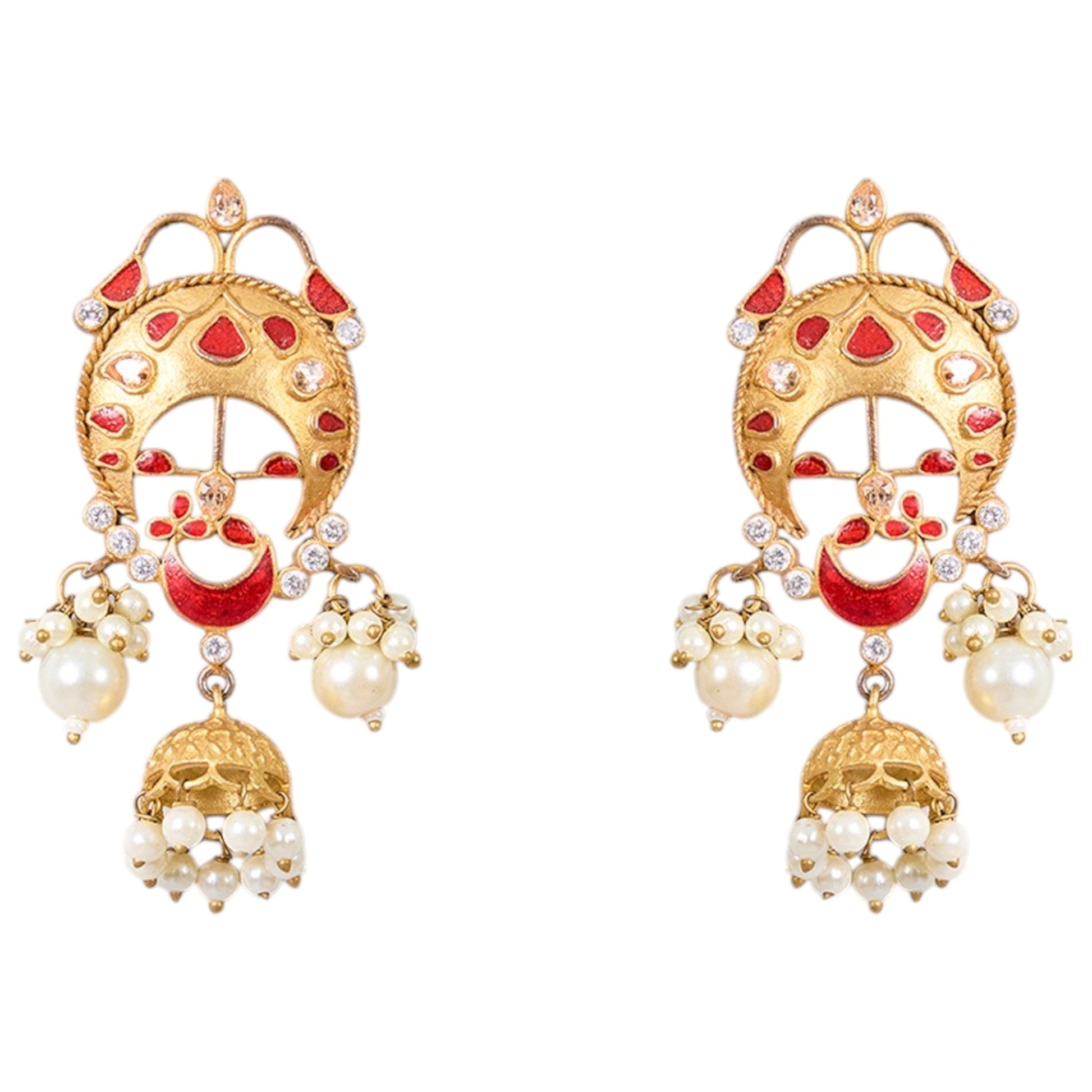 Gold - Plated Red Enamel Jhumka Earrings with Pearl Drops - Auraa Trends - Earrings -  - Auraa Trends - Gold - plated ethnic jhumka earrings with red enamel accents, crescent motif, and pearl drop embellishments for festive wear."