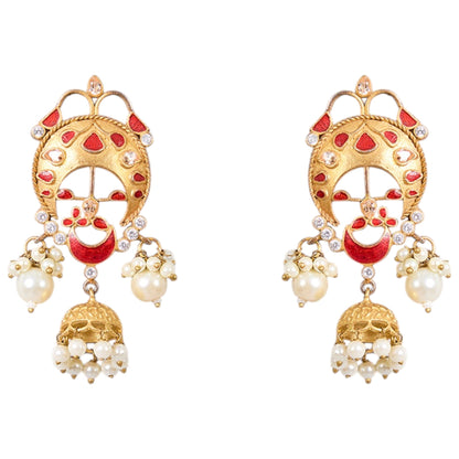 Gold - Plated Red Enamel Jhumka Earrings with Pearl Drops - Auraa Trends - Earrings -  - Auraa Trends - Gold - plated ethnic jhumka earrings with red enamel accents, crescent motif, and pearl drop embellishments for festive wear."