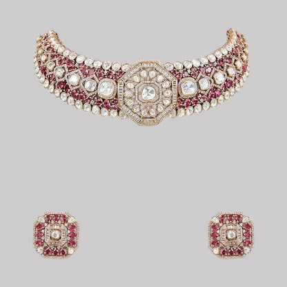 Gold - Plated Red Kundan & Pearl Choker Necklace Set with Stud Earrings - Auraa Trends - Necklace Set -  - Auraa Trends - Woman wearing a gold - plated red kundan choker necklace set with matching square stud earrings and pearl detailing – perfect for weddings or festive occasions.