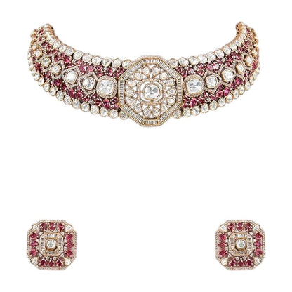 Gold - Plated Red Kundan & Pearl Choker Necklace Set with Stud Earrings - Auraa Trends - Necklace Set -  - Auraa Trends - Woman wearing a gold - plated red kundan choker necklace set with matching square stud earrings and pearl detailing – perfect for weddings or festive occasions.