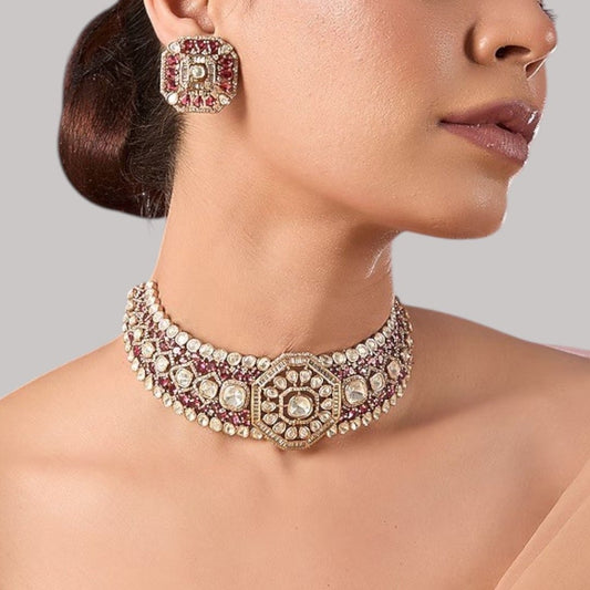 Gold - Plated Red Kundan & Pearl Choker Necklace Set with Stud Earrings - Auraa Trends - Necklace Set -  - Auraa Trends - Woman wearing a gold - plated red kundan choker necklace set with matching square stud earrings and pearl detailing – perfect for weddings or festive occasions.