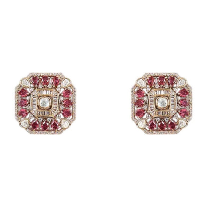 Gold - Plated Red Kundan & Pearl Choker Necklace Set with Stud Earrings - Auraa Trends - Necklace Set -  - Auraa Trends - Woman wearing a gold - plated red kundan choker necklace set with matching square stud earrings and pearl detailing – perfect for weddings or festive occasions.