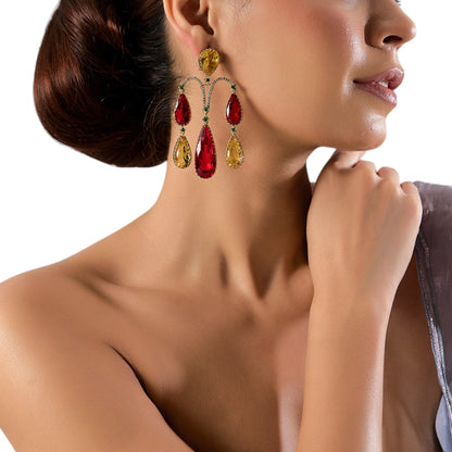 Gold - Plated Red & Yellow Statement Teardrop Earrings with Green Accents - Auraa Trends - Earrings -  - Auraa Trends - "Bold gold - plated earrings with red and yellow teardrop stones, accented with green highlights and an arch - shaped statement design for festive or wedding wear."