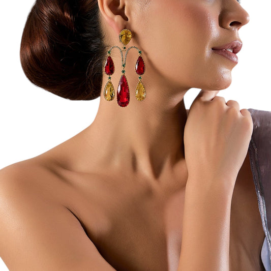 Gold - Plated Red & Yellow Statement Teardrop Earrings with Green Accents - Auraa Trends - Earrings -  - Auraa Trends - "Bold gold - plated earrings with red and yellow teardrop stones, accented with green highlights and an arch - shaped statement design for festive or wedding wear."