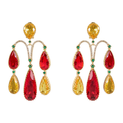 Gold - Plated Red & Yellow Statement Teardrop Earrings with Green Accents - Auraa Trends - Earrings -  - Auraa Trends - "Bold gold - plated earrings with red and yellow teardrop stones, accented with green highlights and an arch - shaped statement design for festive or wedding wear."