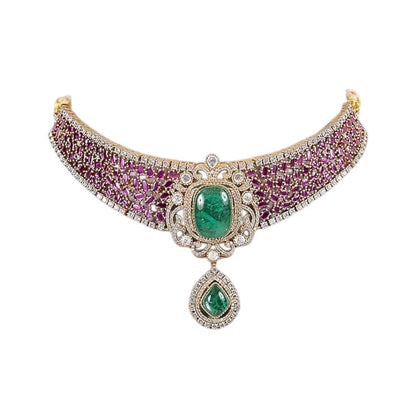 Gold - Plated Ruby Green Stone Choker Necklace Set with Drop Earrings - Auraa Trends - Necklace Set -  - Auraa Trends - Woman wearing gold - plated ruby green choker necklace set with drop earrings