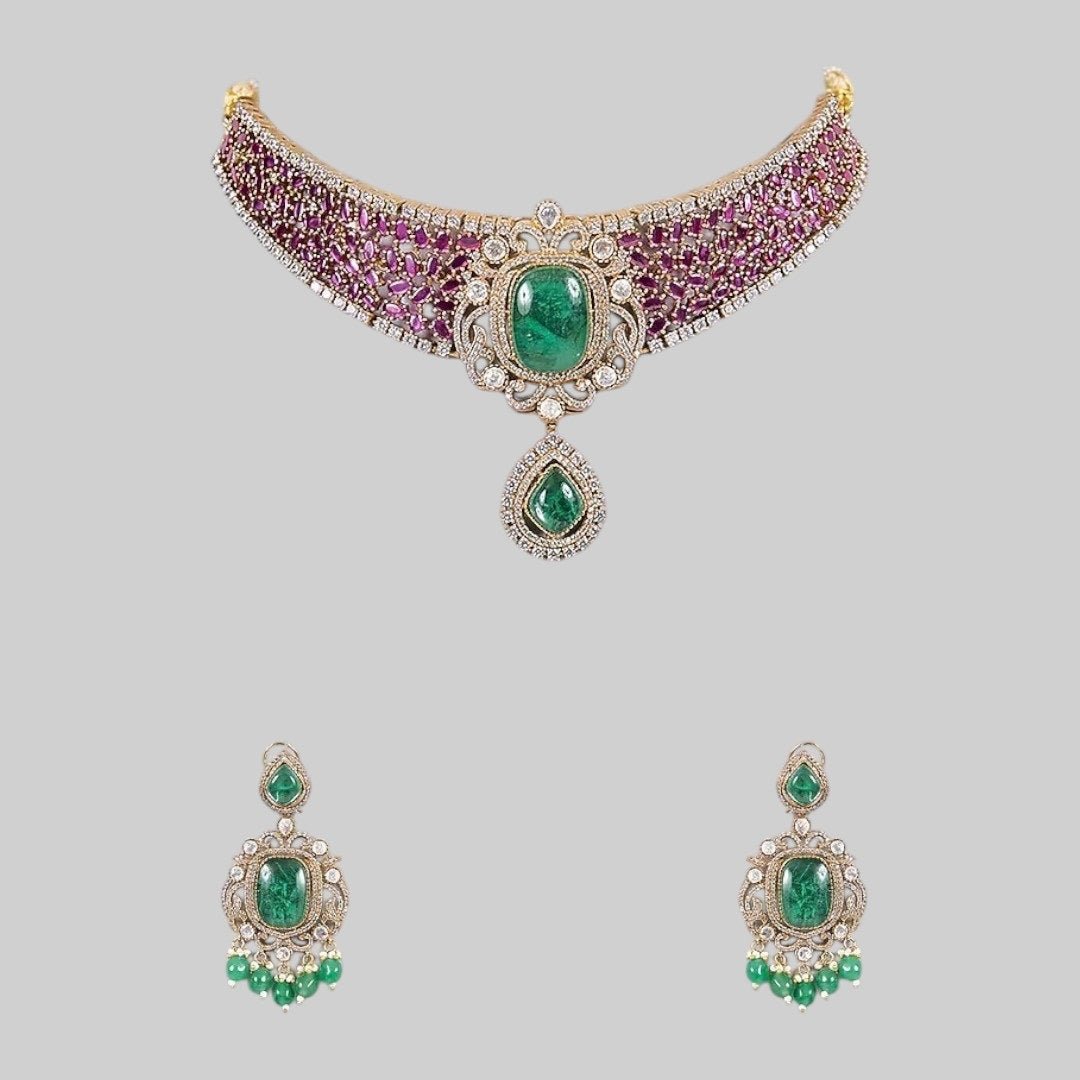 Gold - Plated Ruby Green Stone Choker Necklace Set with Drop Earrings - Auraa Trends - Necklace Set -  - Auraa Trends - Woman wearing gold - plated ruby green choker necklace set with drop earrings