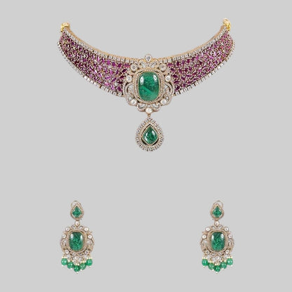 Gold - Plated Ruby Green Stone Choker Necklace Set with Drop Earrings - Auraa Trends - Necklace Set -  - Auraa Trends - Woman wearing gold - plated ruby green choker necklace set with drop earrings