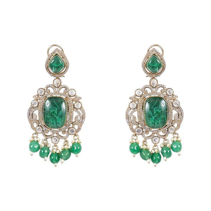Gold - Plated Ruby Green Stone Choker Necklace Set with Drop Earrings - Auraa Trends - Necklace Set -  - Auraa Trends - Woman wearing gold - plated ruby green choker necklace set with drop earrings