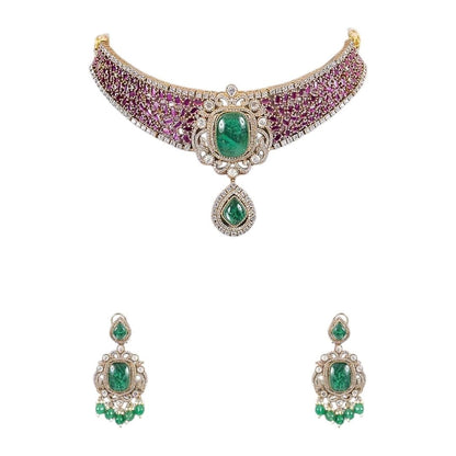 Gold - Plated Ruby Green Stone Choker Necklace Set with Drop Earrings - Auraa Trends - Necklace Set -  - Auraa Trends - Woman wearing gold - plated ruby green choker necklace set with drop earrings