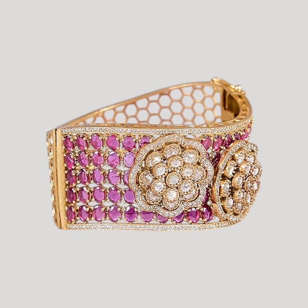 Gold - Plated Ruby & Kundan Floral Statement Bracelet Kada for Women - Auraa Trends - Bracelet -  - Auraa Trends - Woman wearing gold - plated ruby kundan floral bracelet kada