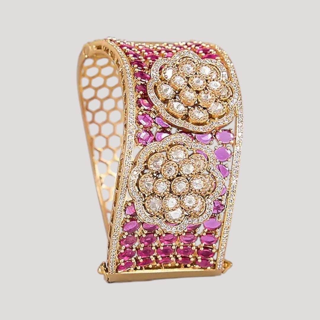 Gold - Plated Ruby & Kundan Floral Statement Bracelet Kada for Women - Auraa Trends - Bracelet -  - Auraa Trends - Woman wearing gold - plated ruby kundan floral bracelet kada