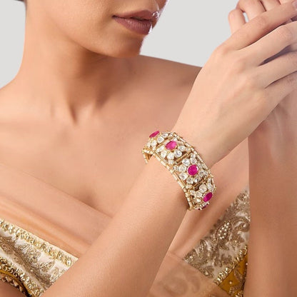 Gold - Plated Ruby & Kundan Stone Bridal Bracelet Kada for Women - Auraa Trends - Bracelet -  - Auraa Trends - Woman wearing gold - plated ruby kundan bracelet kada