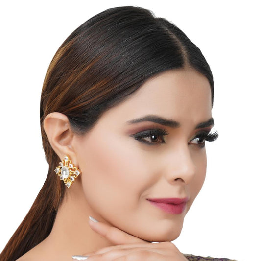 Gold - Plated Square Kundan Stud Earrings - Auraa Trends - Studs - # - Auraa Trends - Gold - Plated Square Kundan Stud Earrings