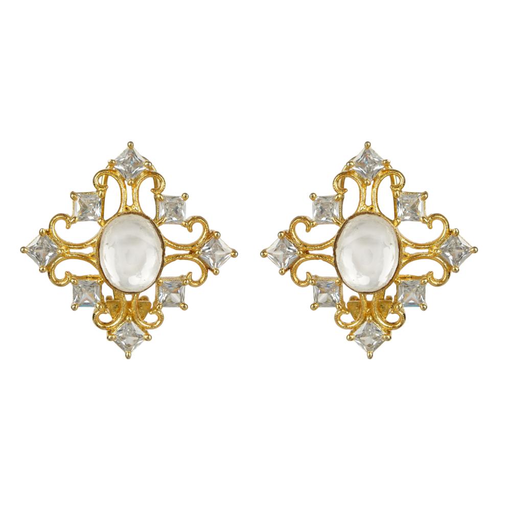 Gold - Plated Square Kundan Stud Earrings - Auraa Trends - Studs - # - Auraa Trends - Gold - Plated Square Kundan Stud Earrings