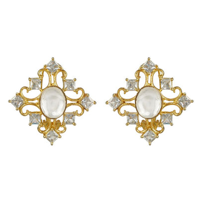 Gold - Plated Square Kundan Stud Earrings - Auraa Trends - Studs - # - Auraa Trends - Gold - Plated Square Kundan Stud Earrings