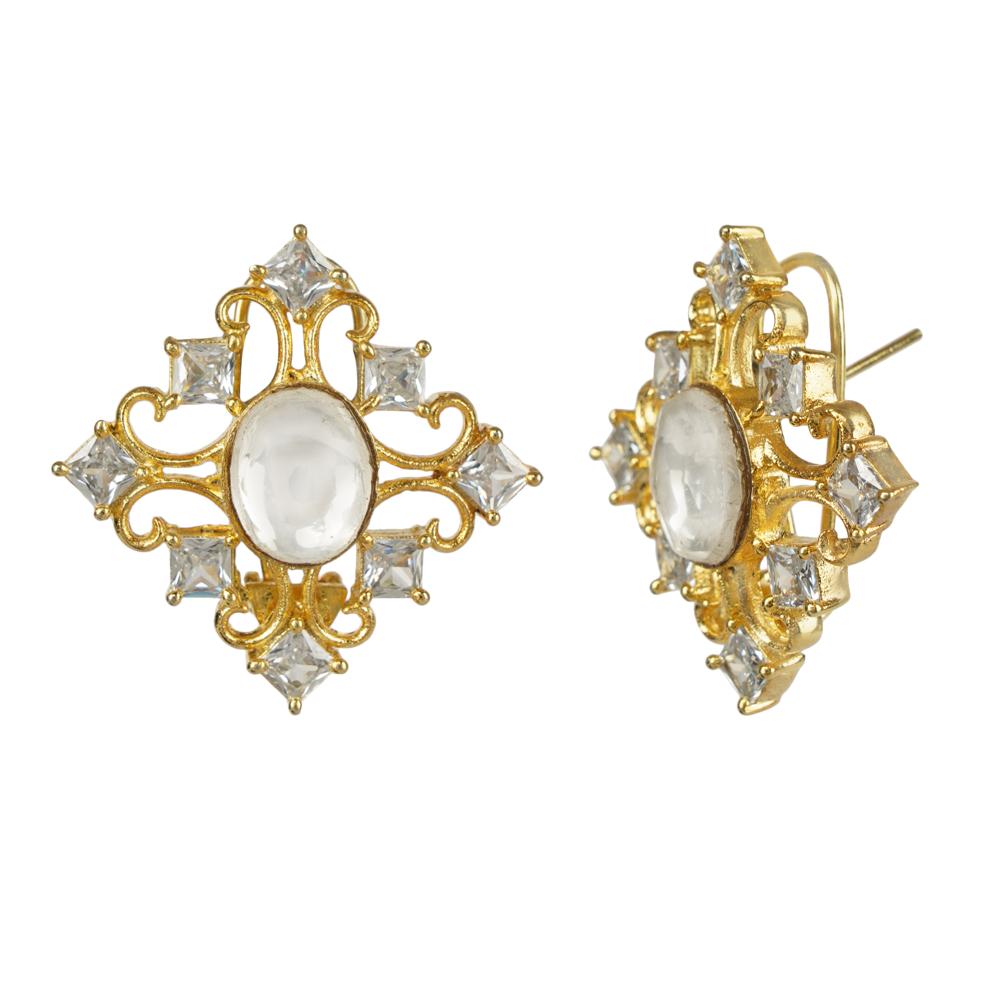 Gold - Plated Square Kundan Stud Earrings - Auraa Trends - Studs - # - Auraa Trends - Gold - Plated Square Kundan Stud Earrings