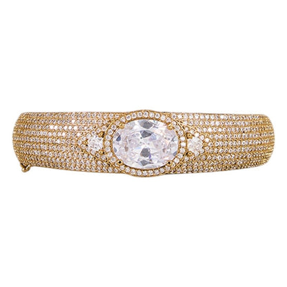 Gold - Plated Statement Bangle with Oval CZ Stone and Pave Crystal Detailing - Auraa Trends - Bangles -  - Auraa Trends - Gold plated statement bangle with oval cubic zirconia and micro pave setting for party and bridal wear