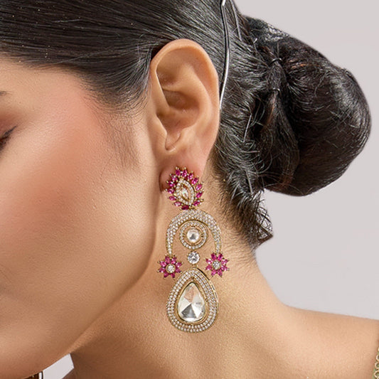 Gold - Plated Teardrop Kundan Earrings with Pink Floral Detailing - Auraa Trends - Earrings -  - Auraa Trends - "Gold - plated teardrop dangler earrings with pink floral embellishments, kundan - style stones, and white CZ detailing, perfect for weddings and festive wear."