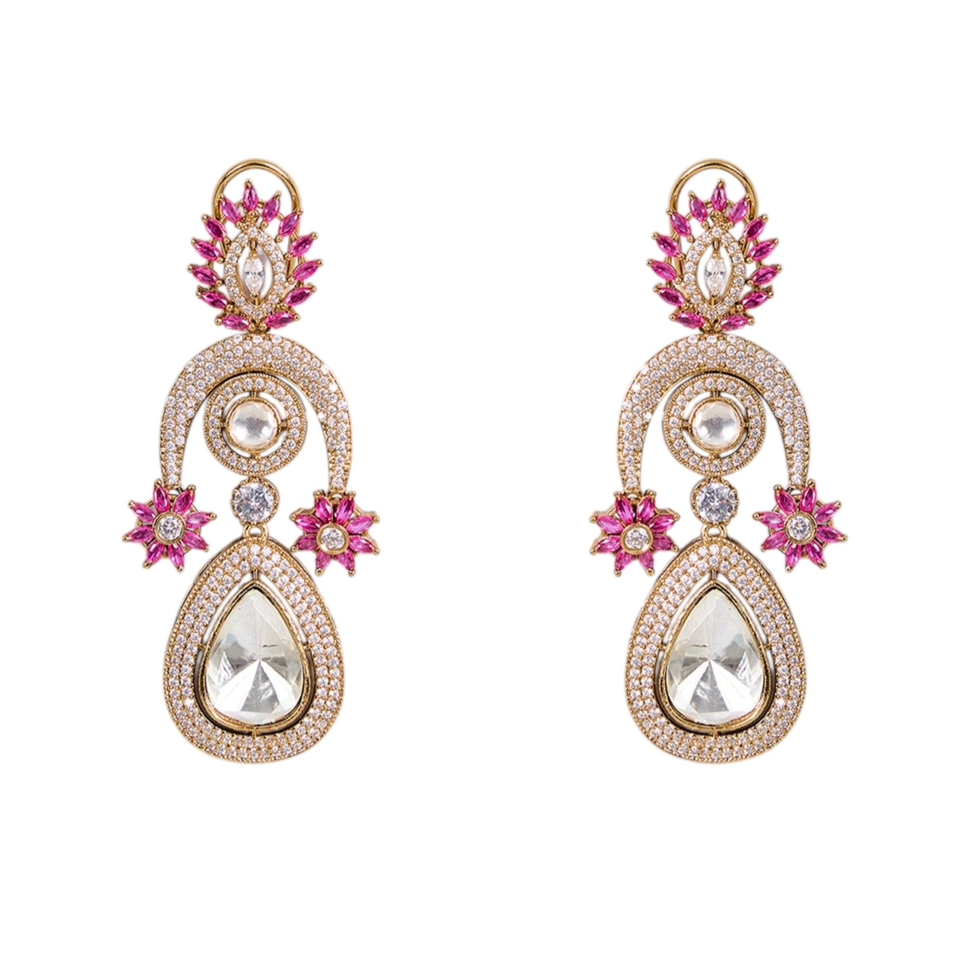 Gold - Plated Teardrop Kundan Earrings with Pink Floral Detailing - Auraa Trends - Earrings -  - Auraa Trends - "Gold - plated teardrop dangler earrings with pink floral embellishments, kundan - style stones, and white CZ detailing, perfect for weddings and festive wear."