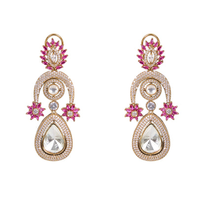 Gold - Plated Teardrop Kundan Earrings with Pink Floral Detailing - Auraa Trends - Earrings -  - Auraa Trends - "Gold - plated teardrop dangler earrings with pink floral embellishments, kundan - style stones, and white CZ detailing, perfect for weddings and festive wear."
