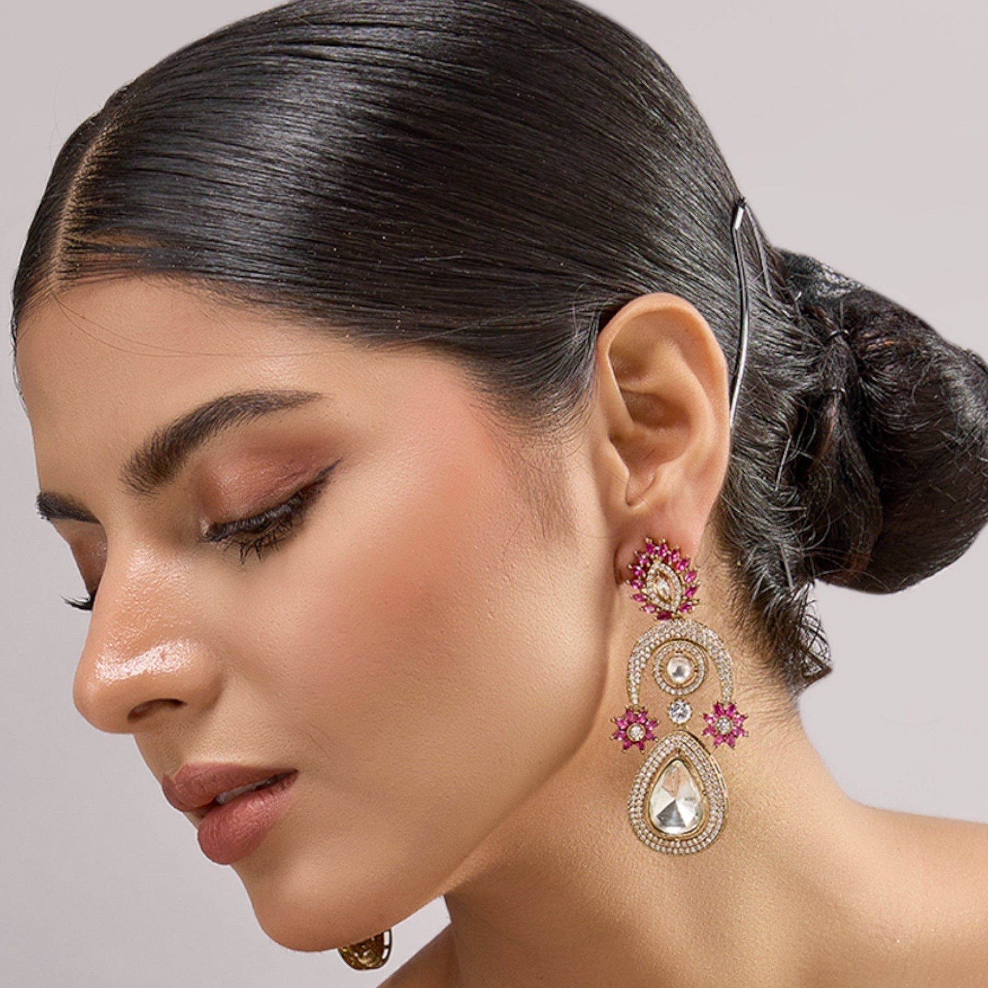 Gold - Plated Teardrop Kundan Earrings with Pink Floral Detailing - Auraa Trends - Earrings -  - Auraa Trends - "Gold - plated teardrop dangler earrings with pink floral embellishments, kundan - style stones, and white CZ detailing, perfect for weddings and festive wear."