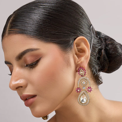 Gold - Plated Teardrop Kundan Earrings with Pink Floral Detailing - Auraa Trends - Earrings -  - Auraa Trends - "Gold - plated teardrop dangler earrings with pink floral embellishments, kundan - style stones, and white CZ detailing, perfect for weddings and festive wear."