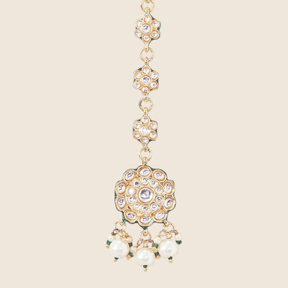 Gold Plated White Kundan Polki Earrings With Maangtikka - Auraa Trends - Maangtika - # - Auraa Trends - Gold Plated White Kundan Polki Earrings With Maangtikka