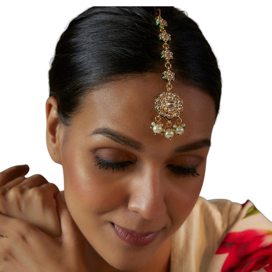 Gold Plated White Kundan Polki Earrings With Maangtikka - Auraa Trends - Maangtika - # - Auraa Trends - Gold Plated White Kundan Polki Earrings With Maangtikka