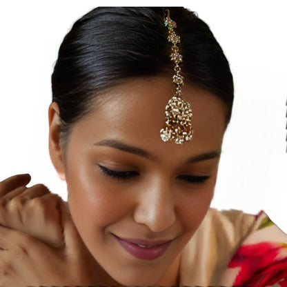 Gold Plated White Kundan Polki Earrings With Maangtikka - Auraa Trends - Maangtika - # - Auraa Trends - Gold Plated White Kundan Polki Earrings With Maangtikka