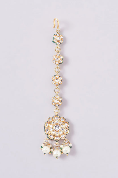 Gold Plated White Kundan Polki Earrings With Maangtikka - Auraa Trends - Maangtika - # - Auraa Trends - Gold Plated White Kundan Polki Earrings With Maangtikka