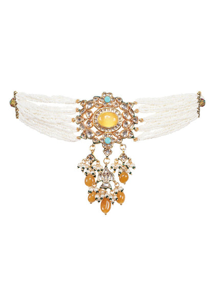 Gold Plated Yellow Kundan Traditional Choker Set For Women - Auraa Trends - Necklaces - Choker Kundan Necklace