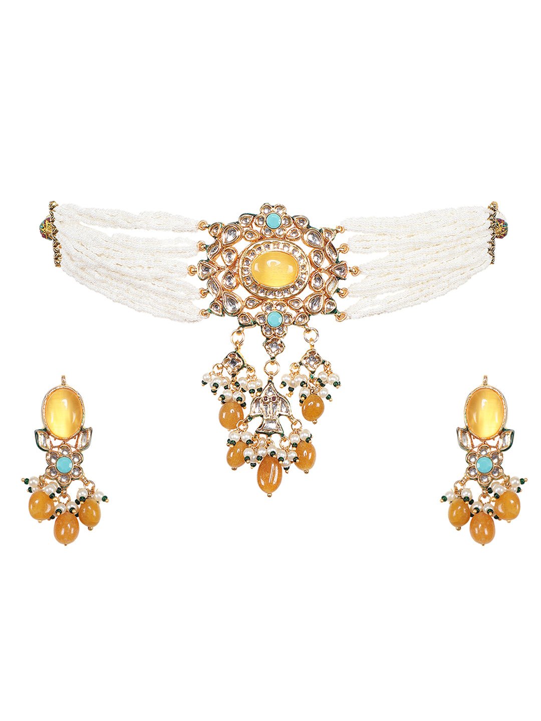 Gold Plated Yellow Kundan Traditional Choker Set For Women - Auraa Trends - Necklaces - Choker Kundan Necklace